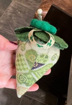 lucky strawberry stitched in greens with shamrocks